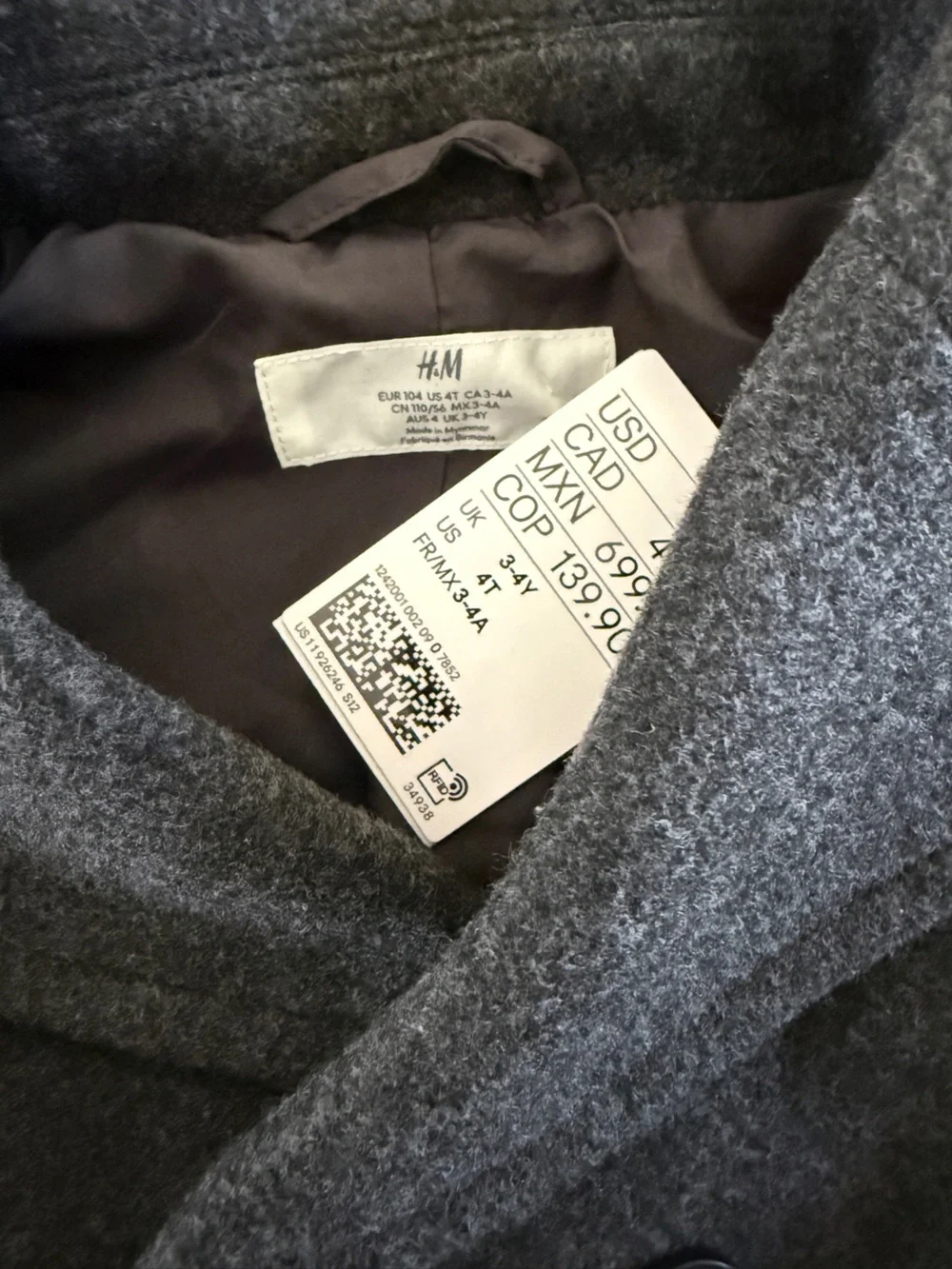 H&M Kids Charcoal Double-Breasted Pea Coat